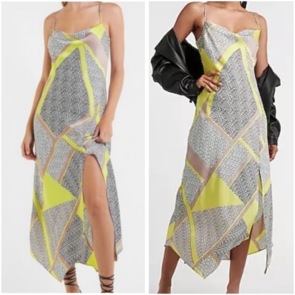 🎀NWT🎀 Express Geometric Print Satin Cowl Neck Maxi Slip Dress - Picture 2 of 2